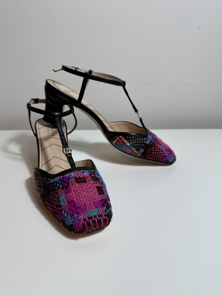Authentic Gucci Marmont T-Strap Tweed Pumps in Multicolor Size EU 39.5