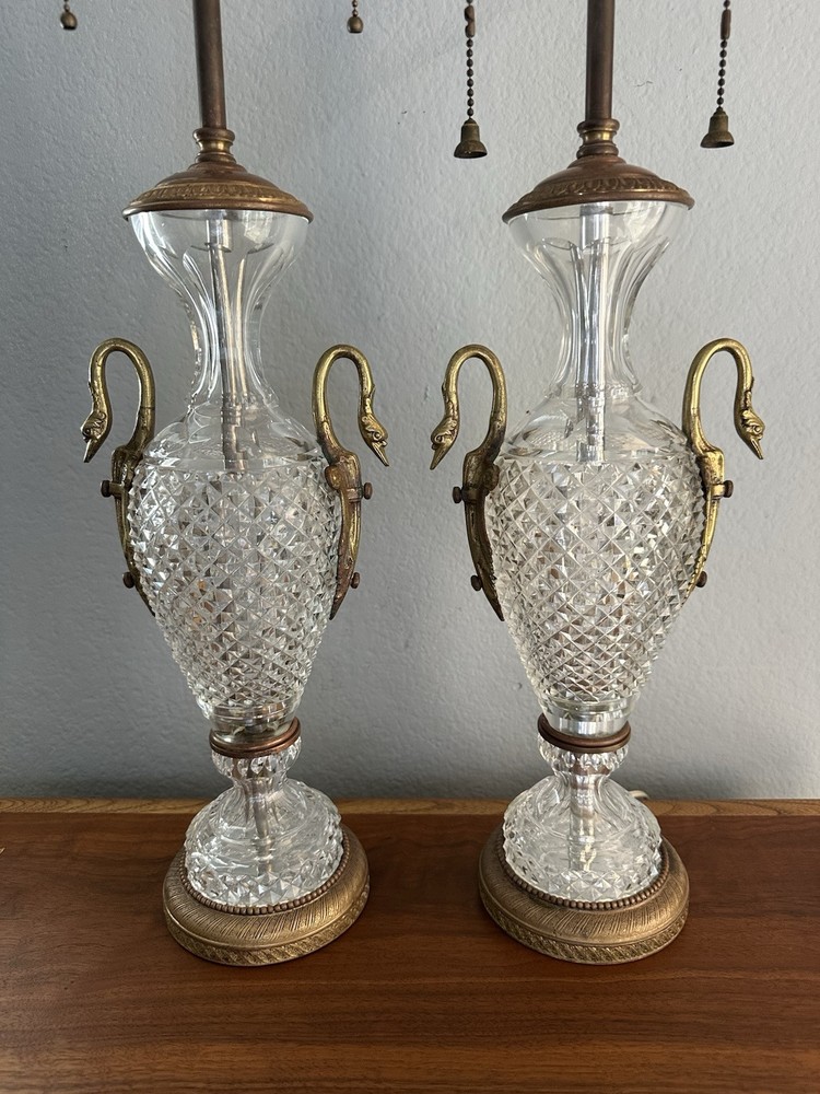 Warren Kessler  Diamond Cut Crystal Gilt Swan Lamps