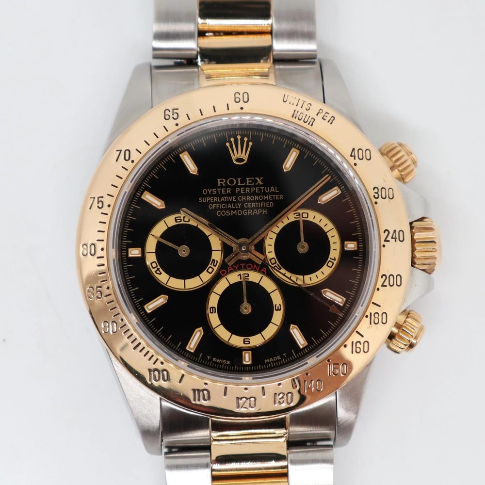 1990s Rolex Daytona 16523 40mm 18K Gold Steel Black Dial Men's Watch