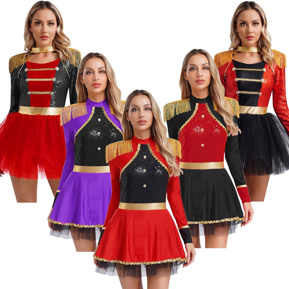 US~ Women Sequins Circus Ringmaster Long Sleeve Bodysuit Halloween Fancy Dress