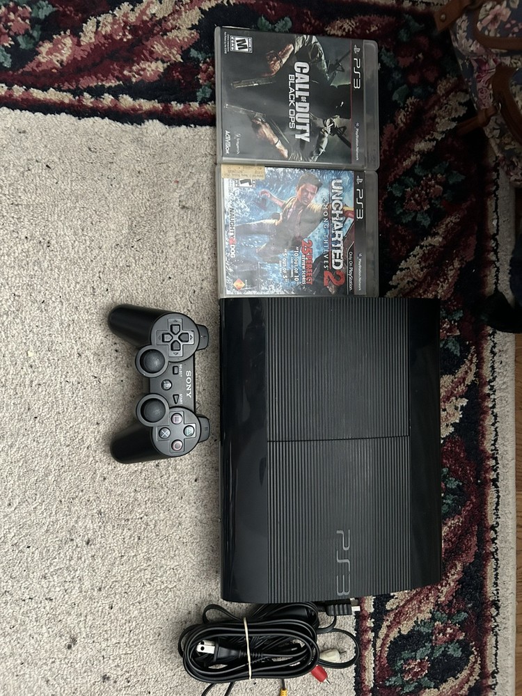 Sony PlayStation 3 PS3 Super Slim Black Console With Controllers, Cords, 2 Games