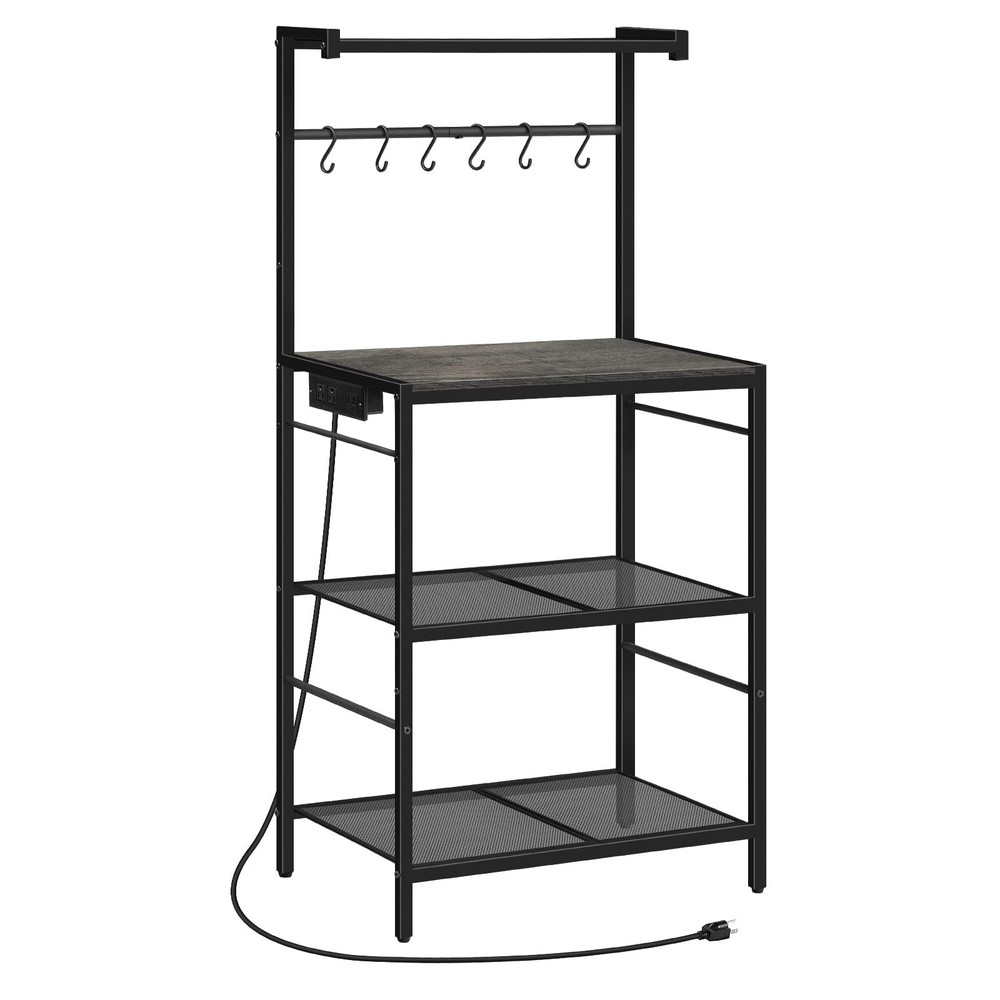 Bakers Rack with Power Outlet, Kitchen Storage Shelf with 6 Hooks, Microwave ...