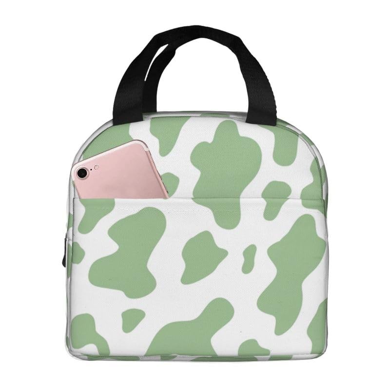 Green Cow Print Insulated Lunch Tote for Work Picnic Beach Men Women