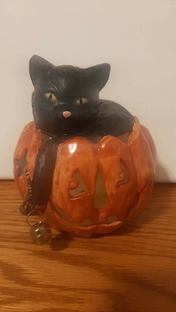 Vintage Diane Knott Ceramic Black Cat on Jack-o-Lantern Votive Candle Holder
