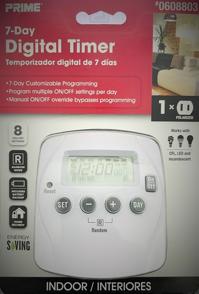 PRIME 7-Day Indoor Digital Timer-  8 On / Off Settings - 0608803 - NEW-image