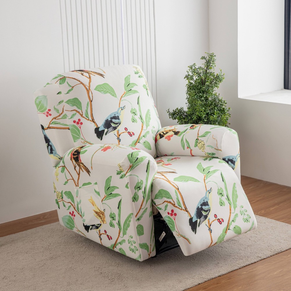 Printed stretch recliner cover, side pockets, home decor protection, stylish
