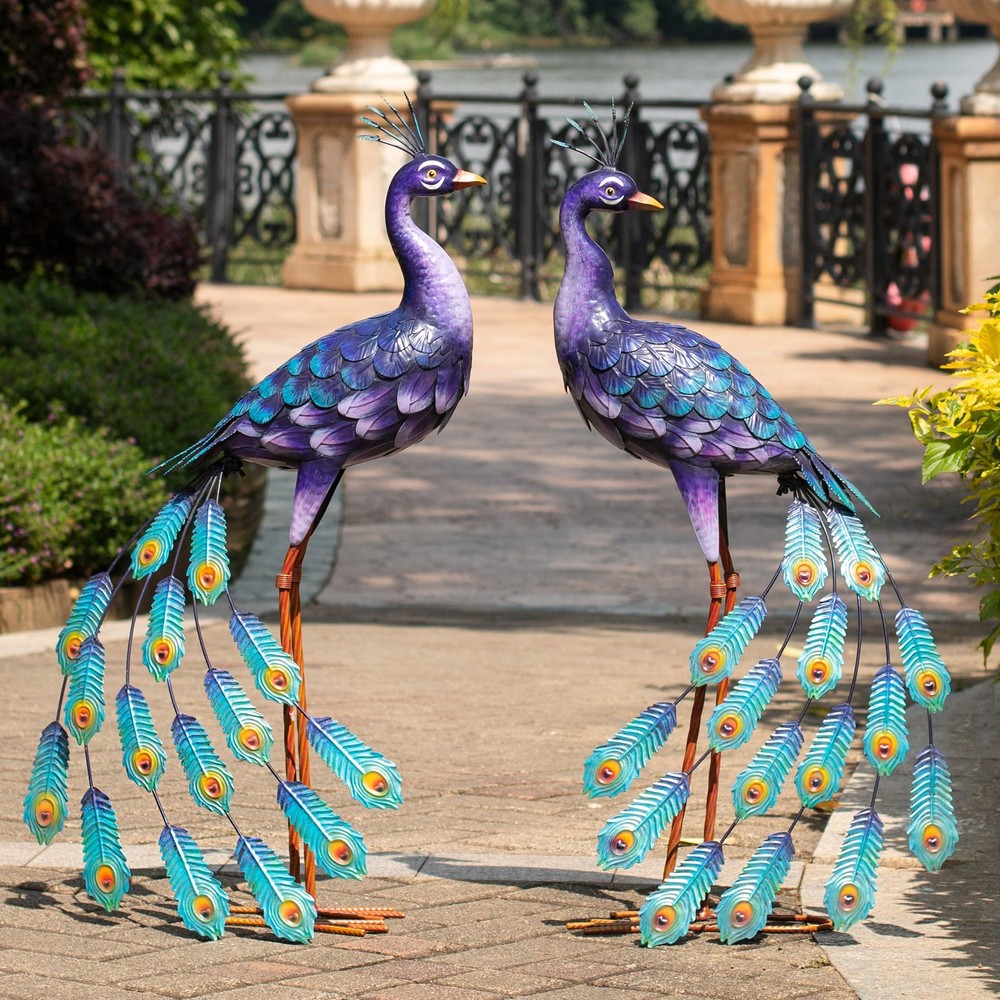 Outdoor Purple Peacock Statue for Garden Decor and Home Sculpture