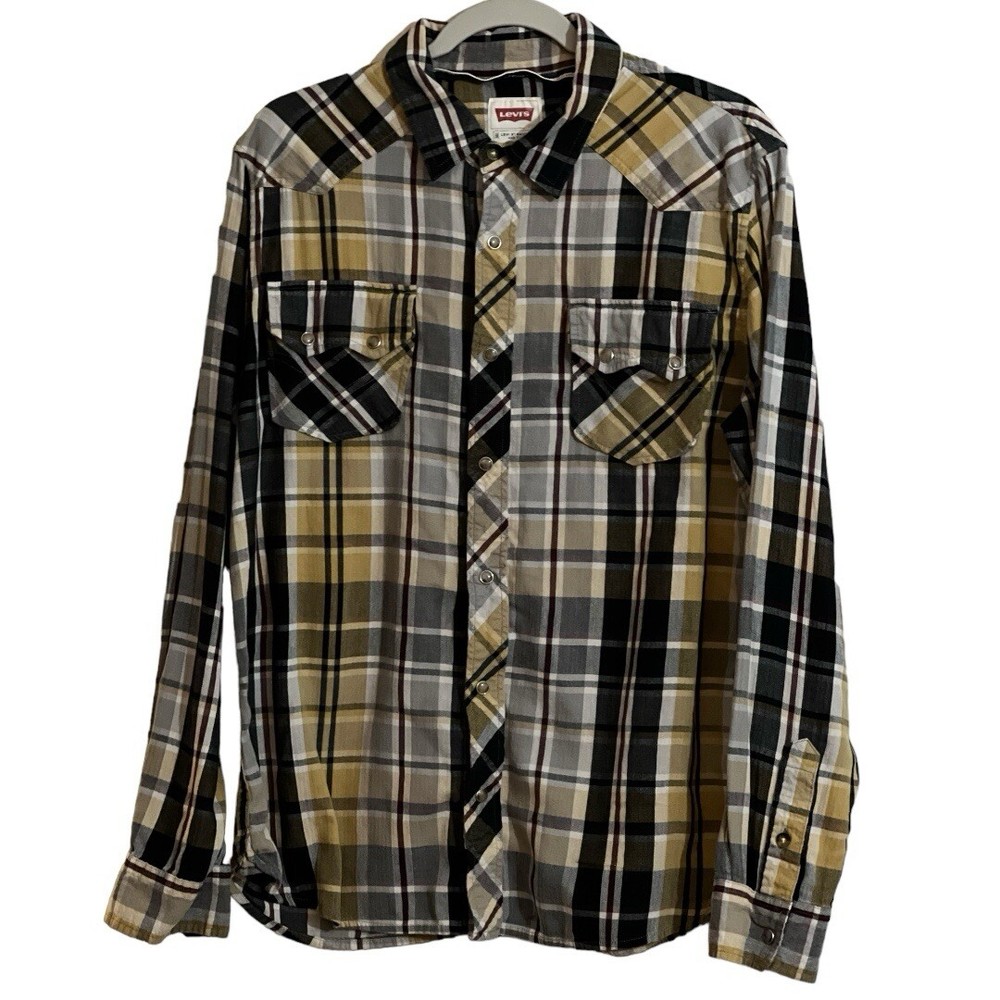 Levi's Men's Shirt Large Long Sleeve Western Cut Pearl Snap Closure Plaid