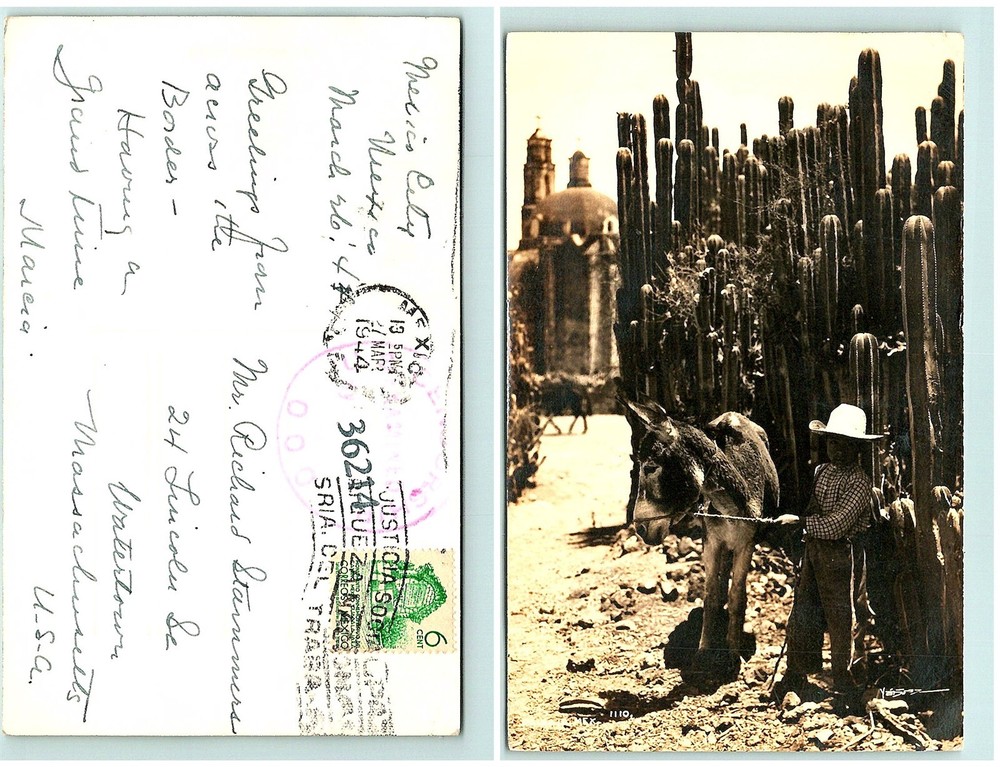 S03-1512, DONKEY AND BOY, MEXICO 1944 TO USA, REAL PHOTO POSTCARD