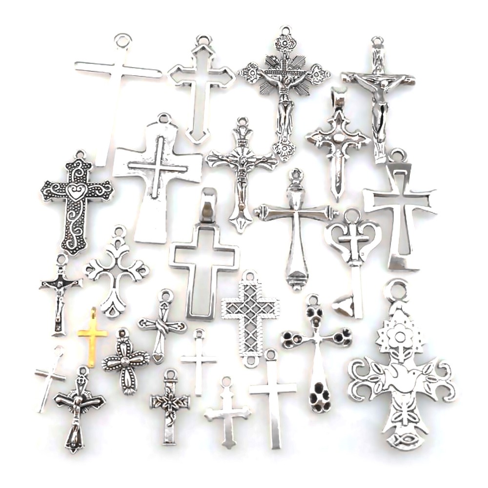 25-Piece Mixed Vintage Cross Pendant Set in Antique Silver Alloy for Faith Jewelry