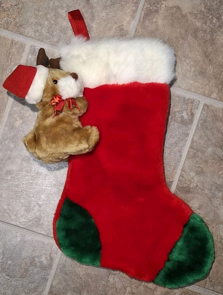 Reindeer Christmas Stocking Plush Vintage Sock Stuffed Animal Prima Creations