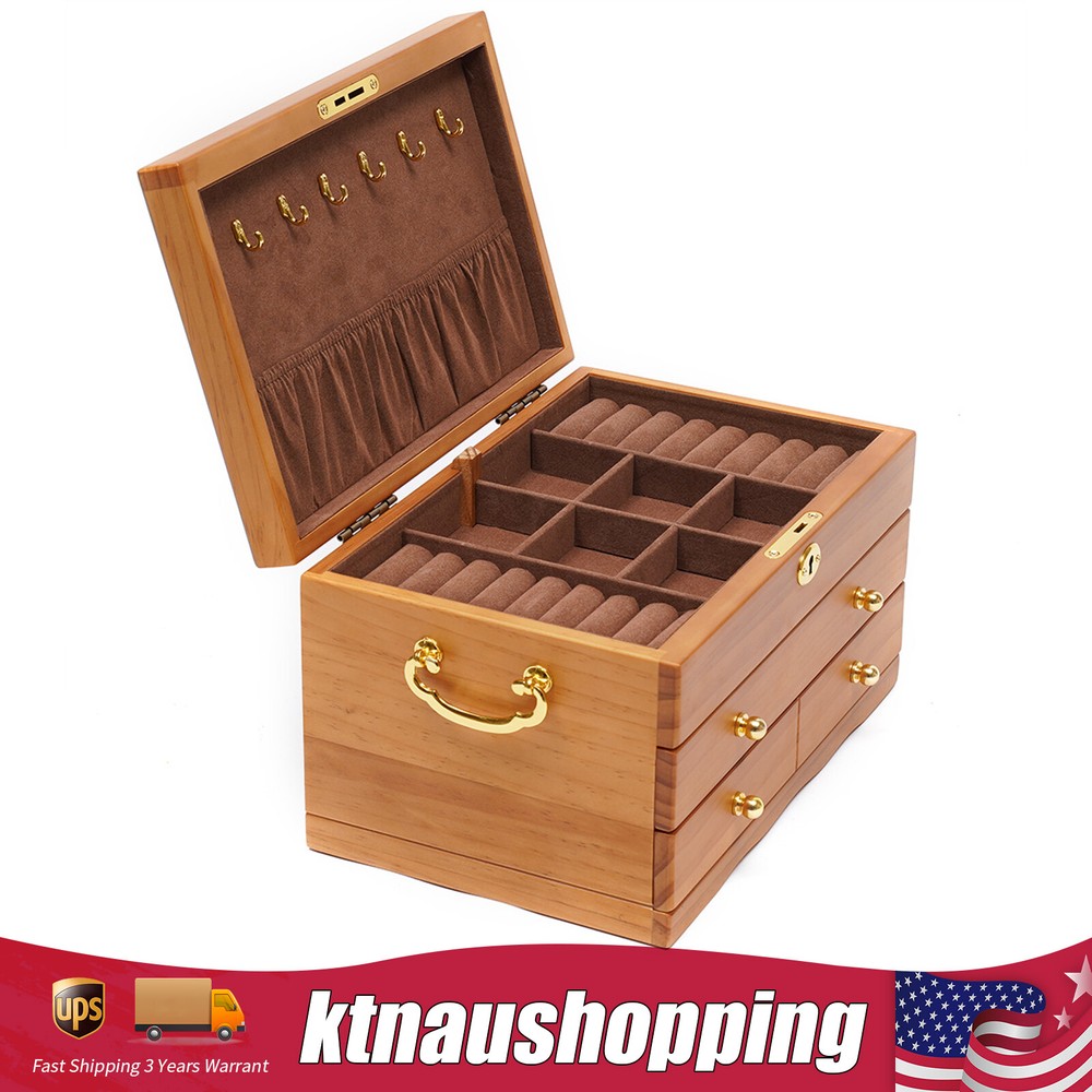 Large Capacity Wooden Jewelry Box 3 Layers W/ Safe Lock Retro Storage Organizer