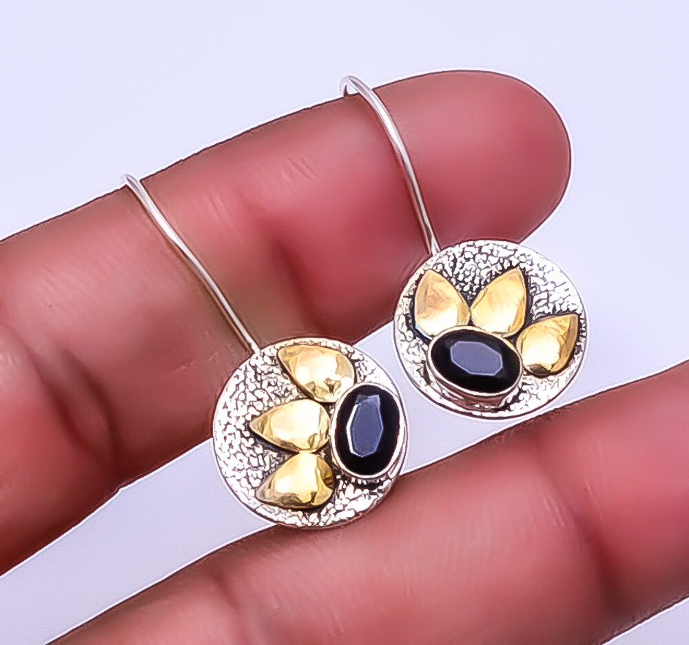 Black Onyx 925 Sterling Silver Two Tone Heart Earrings Valentine Gift 1.25in  