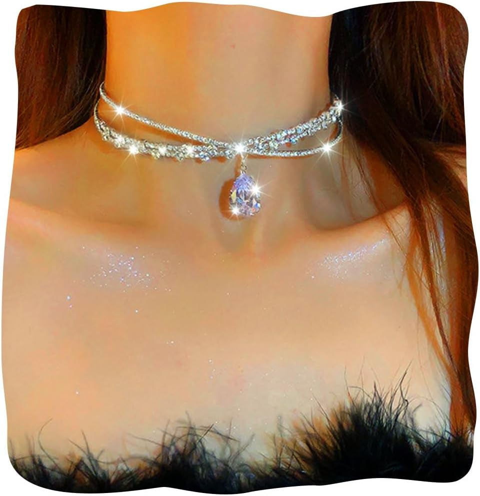 Sparkly Silver Rhinestone Choker Necklace with Crystal Diamond Row