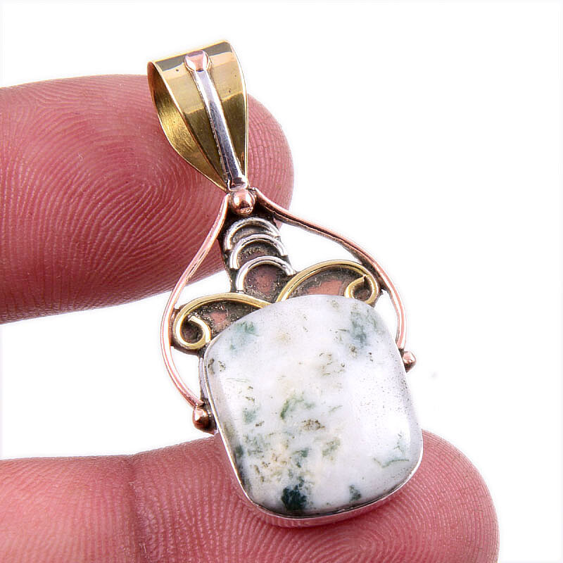 Natural Green Dendrite Opal Gemstone 925 Solid Silver TwoTone Pendant 1.75