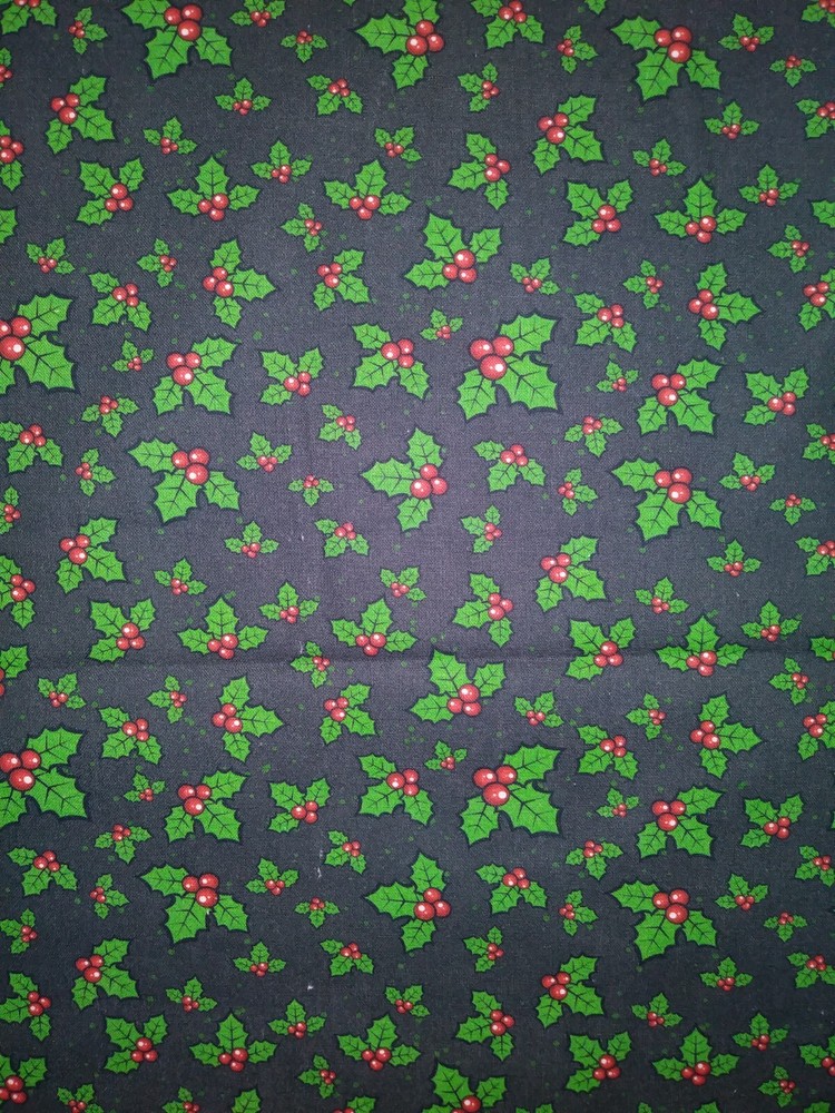 Christmas Fabric~Holly Leaves Berries on Black~100% Cotton Quilt~By The Yard