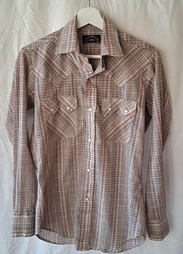 VTG White Label Levi’s Shirt Men's S Beige Pearl Snap Western Plaid Sawtooth 70s