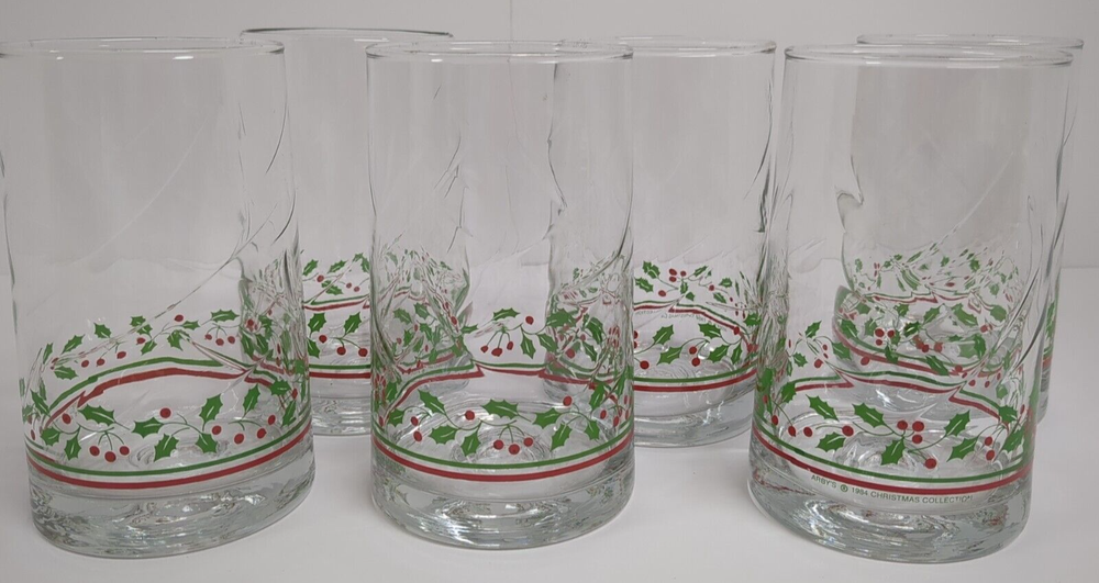 Set of 6 Vtg Libbey Christmas Arby's Flat Tumblers Holly Berry Ribbon Glasses