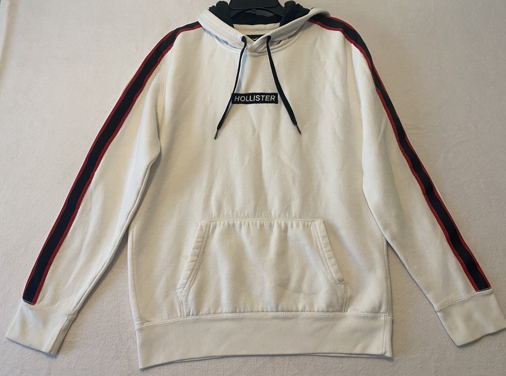 Hollister  Hoodie Men’s Size MEDIUM White Spell Out Logo Red/Blue Stripe Y2K