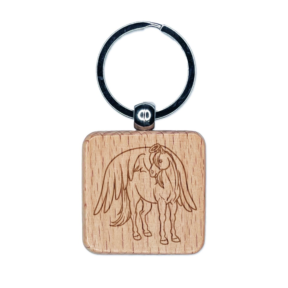 Angel Horse Loss of Pet Engraved Wood Square Keychain Tag Charm