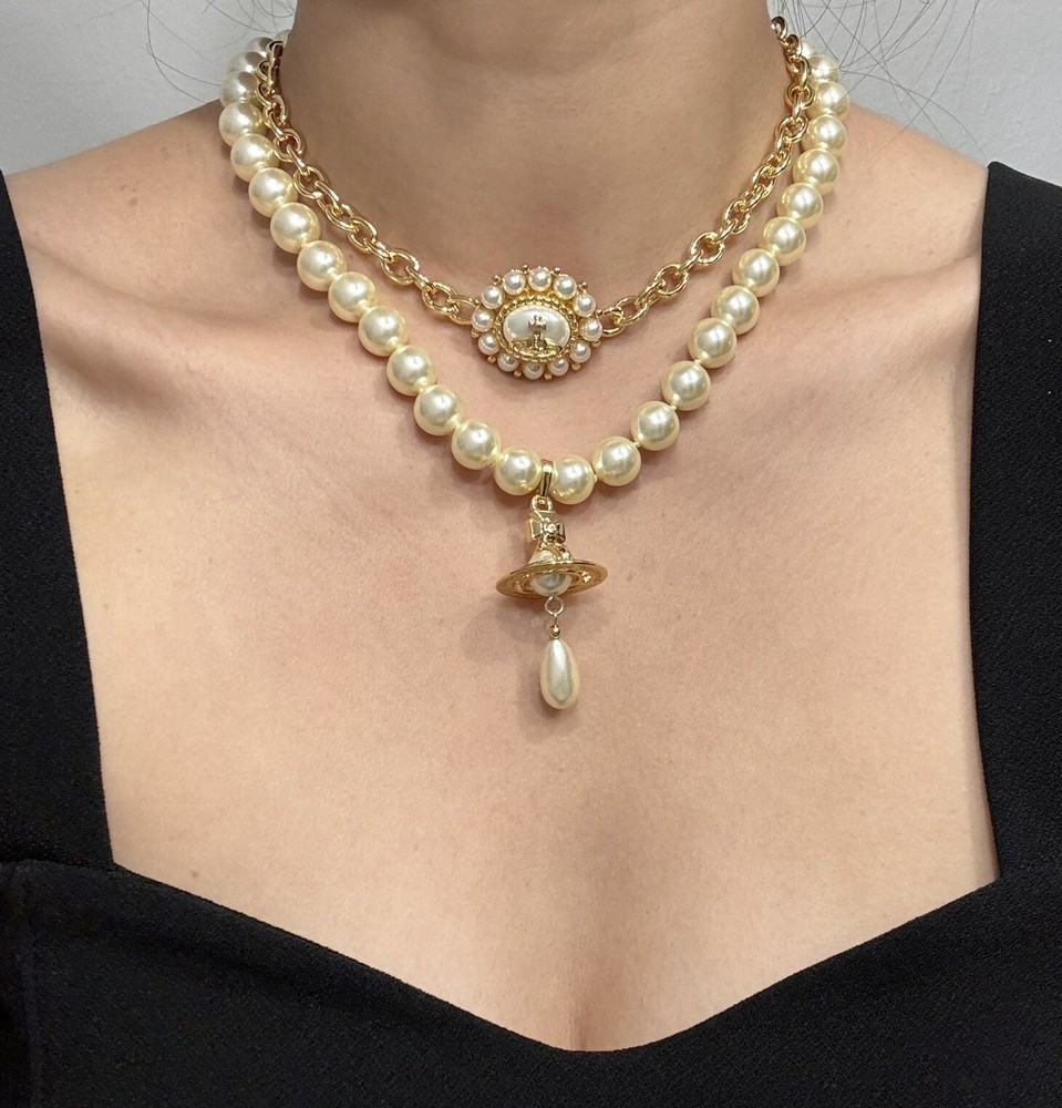 Vivienne Westwood Pearl Chocker Hardware Saturn Orb Gold Tone Necklace With Box