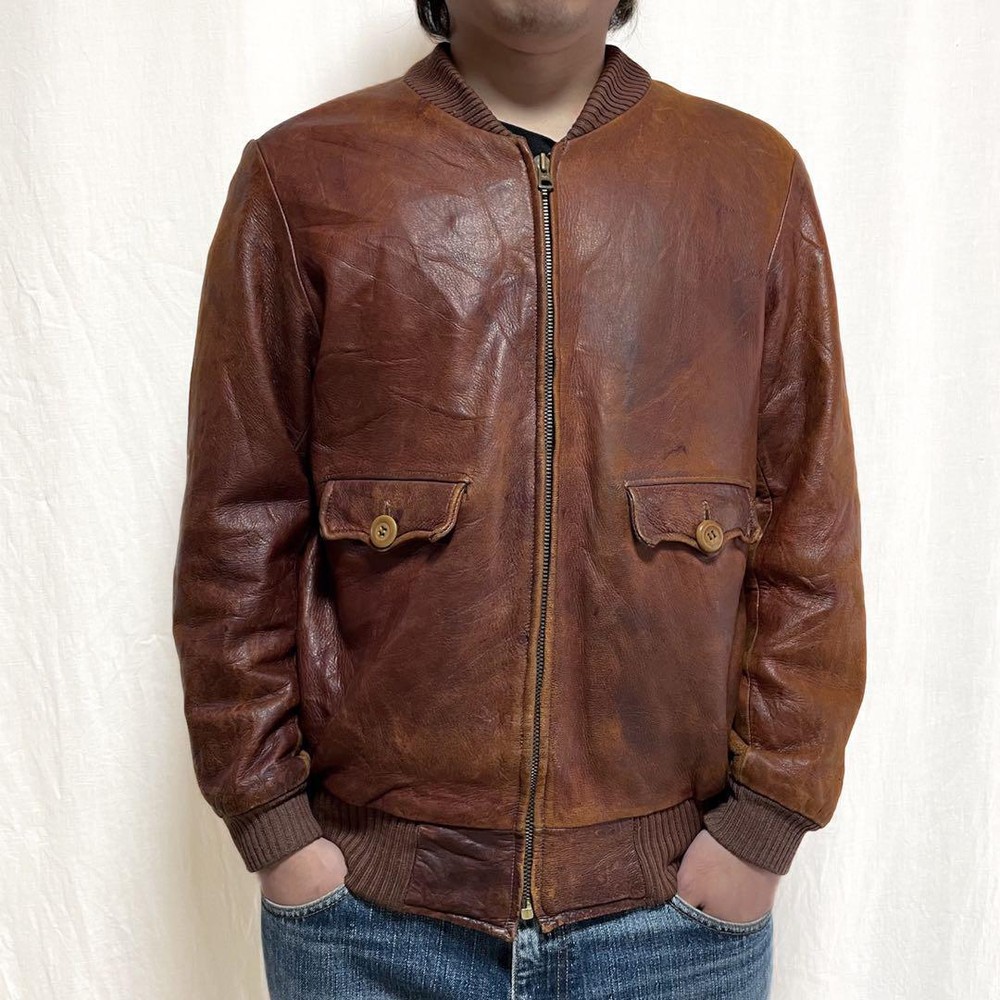 Euro Vintage Leather Jacket 50s Sheepskin L, Military Style, Used