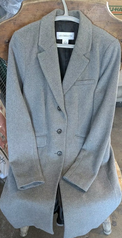 Medium- LIZ CLAIBORNE Women Gray Wool Blend Long Coat