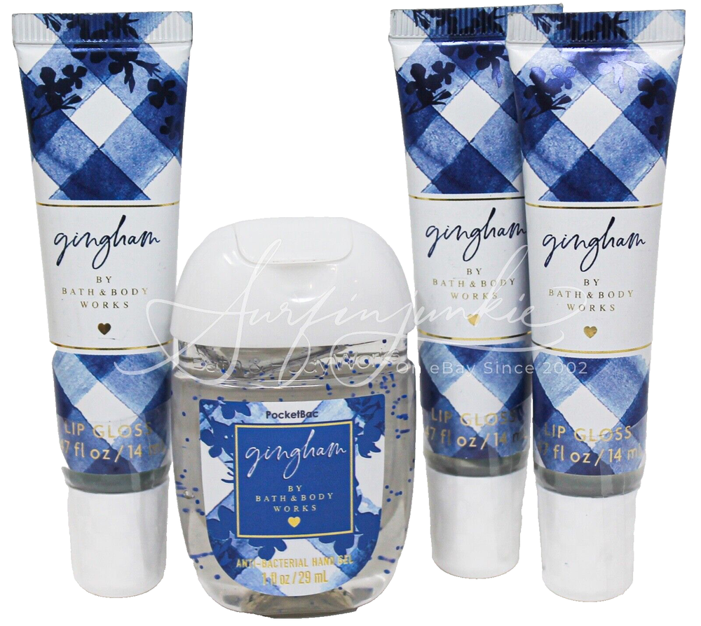 Bath & Body Gingham Lip Gloss + Pocketbac Hand Sanitizer Gel 4pc Mini Travel Set