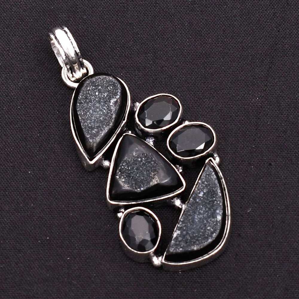 Black Druzy Onyx Handmade Ethnic Pendant Necklace 2.36 Inches AP-73075