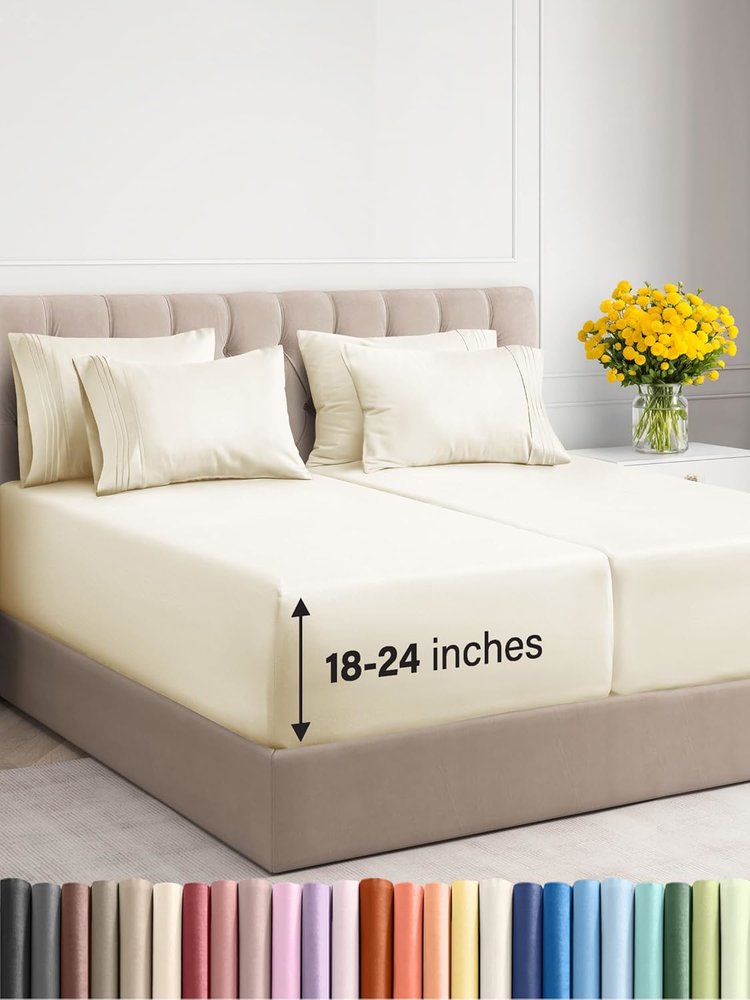 Extra Deep Split King 7-Piece Cooling Bed Sheet Set in Off White