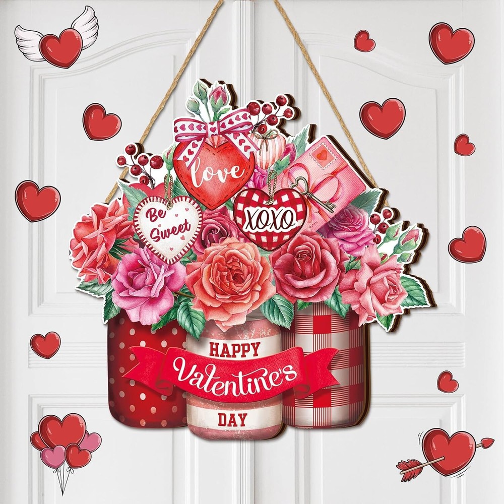 Valentine's Day Wooden Door Hanger with Rose - Sweet Love Front Door Decor