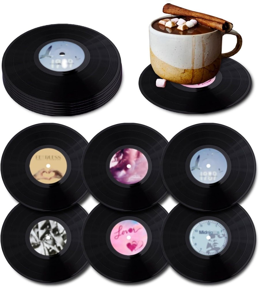 6PCS Retro Vinyl Record Coasters of 6 for Drinks, Funny Costers Black