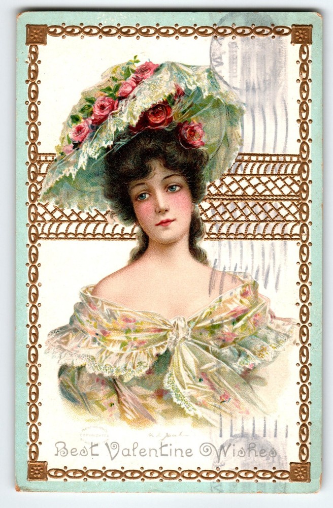 1908 German Valentine Postcard with Gold Trim Featuring a Pretty Lady in Flowered Hat by Wolf