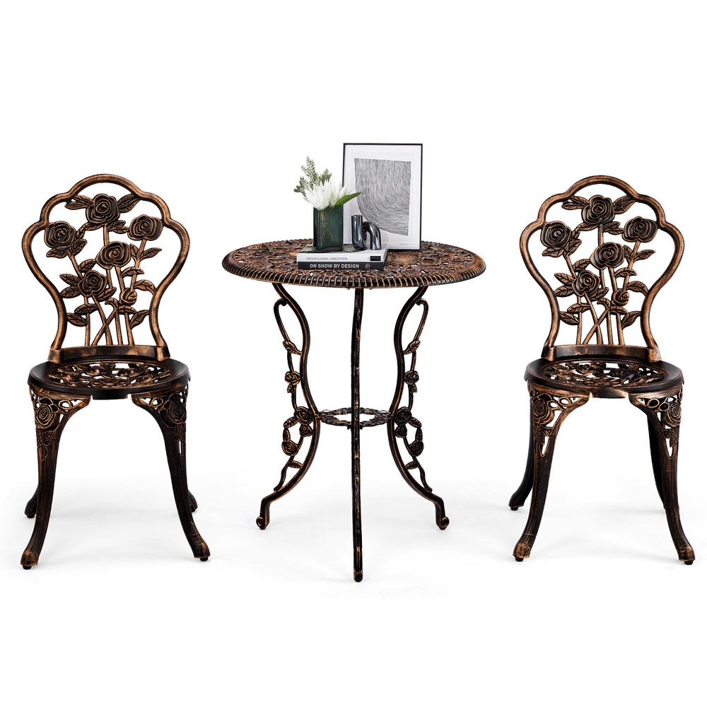 3PCS Bronze Patina Bistro Set Cast Aluminum Outdoor Patio Table Chairs Garden Furniture