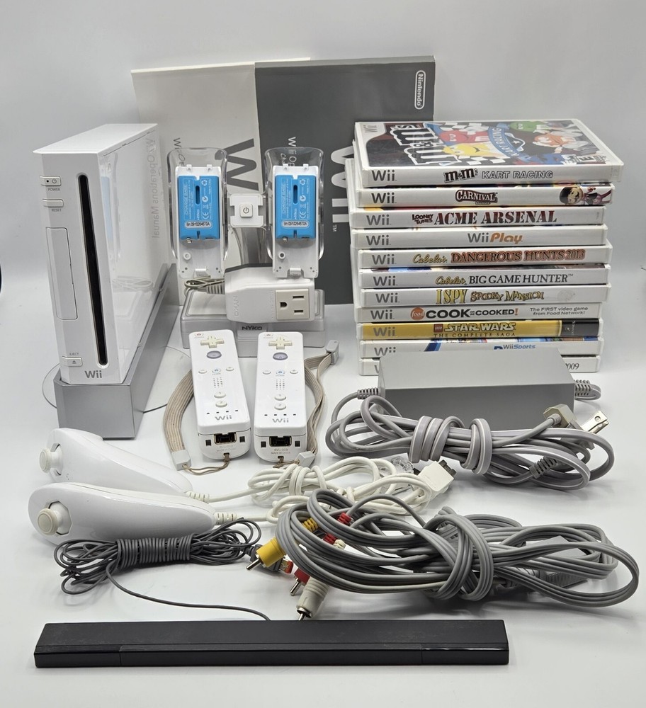 NINTENDO Wii CONSOLE BUNDLE with 2 Controllers, Charger, 11 Games, Wii Sports.