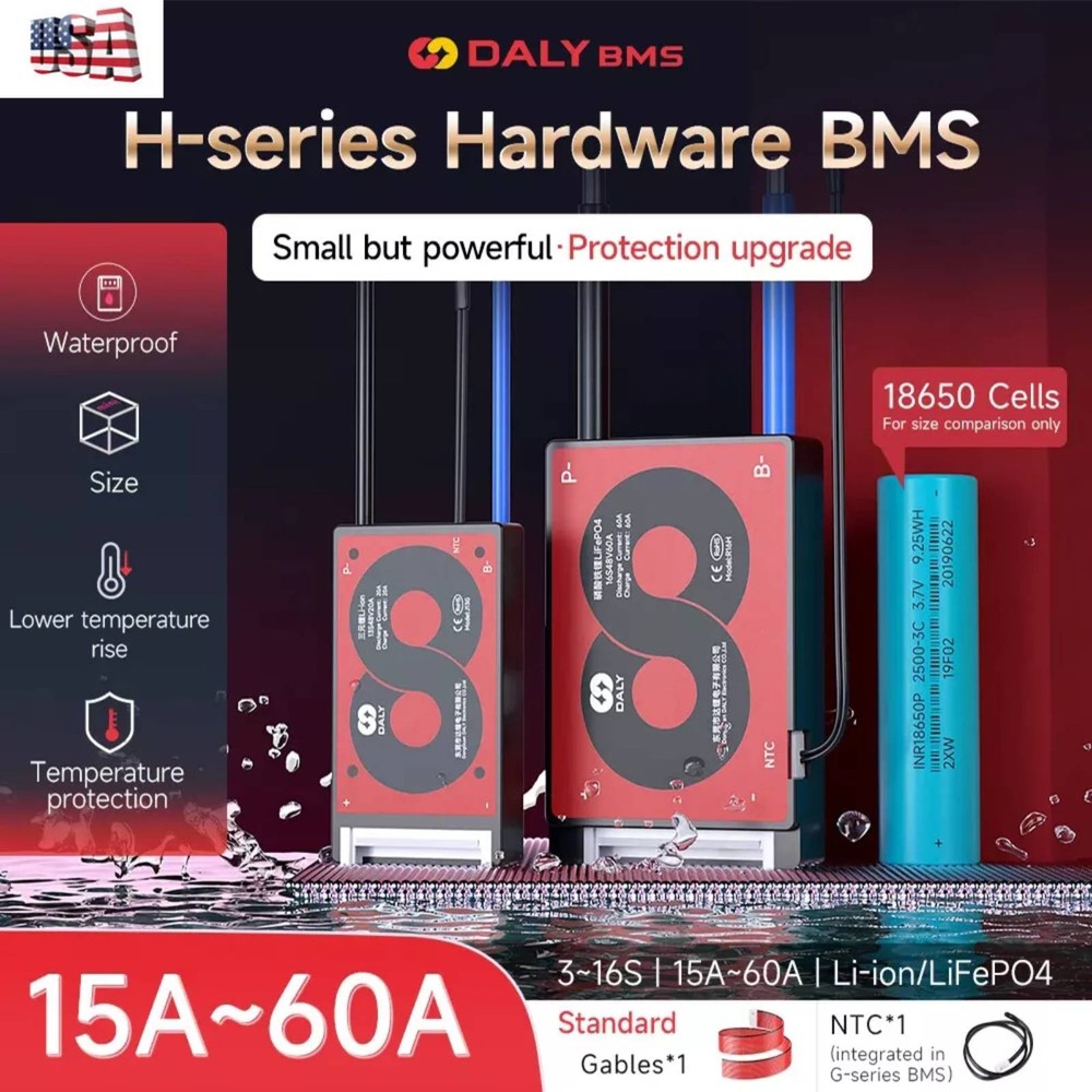 USA Daly BMS 3S-16S 12V-60V 15A-60A Li-ion LiFePo4 BMS Common Port w/Balance+NTC