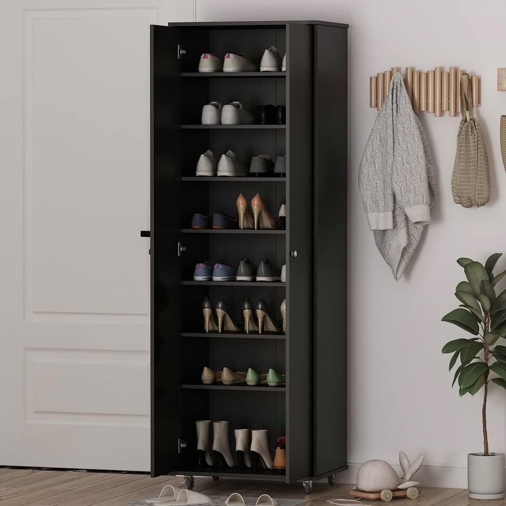 Large Wooden Shoe Cabinet with Wheels - 2 Door Tall Storage Rack Holds 7 Pairs