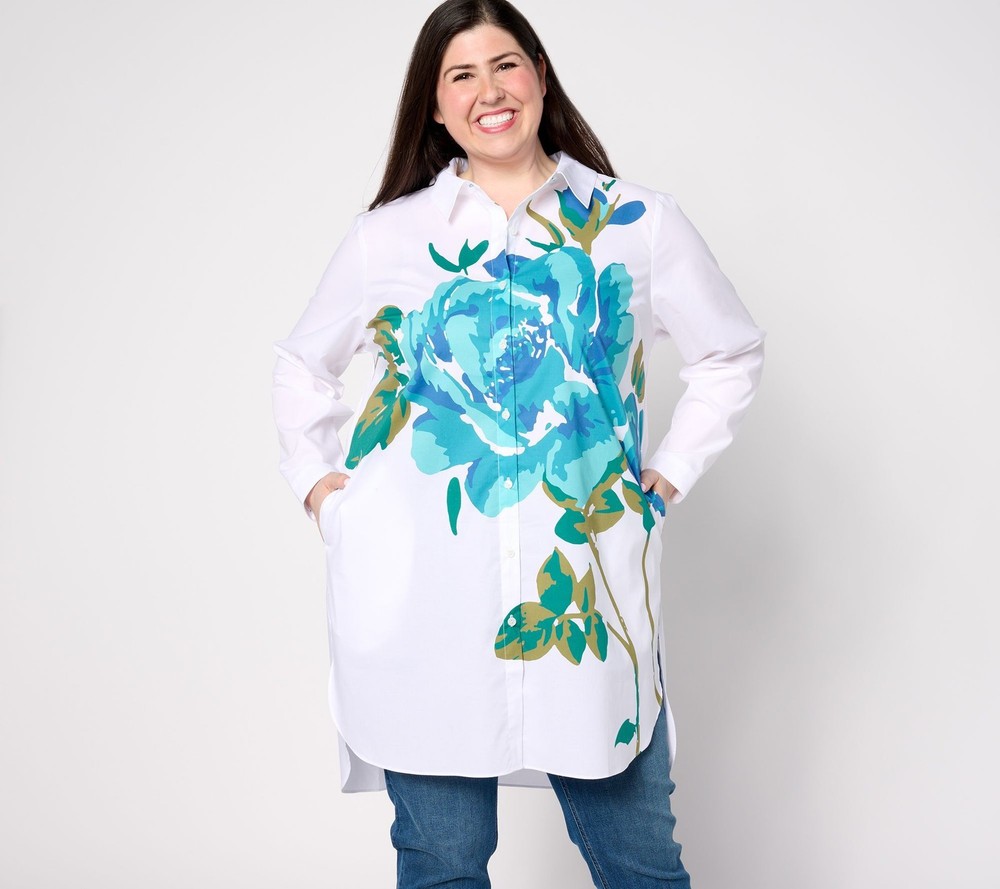 Isaac Mizrahi Live! Women's Top Sz XL Placement Floral Print Poplin Blue A634371