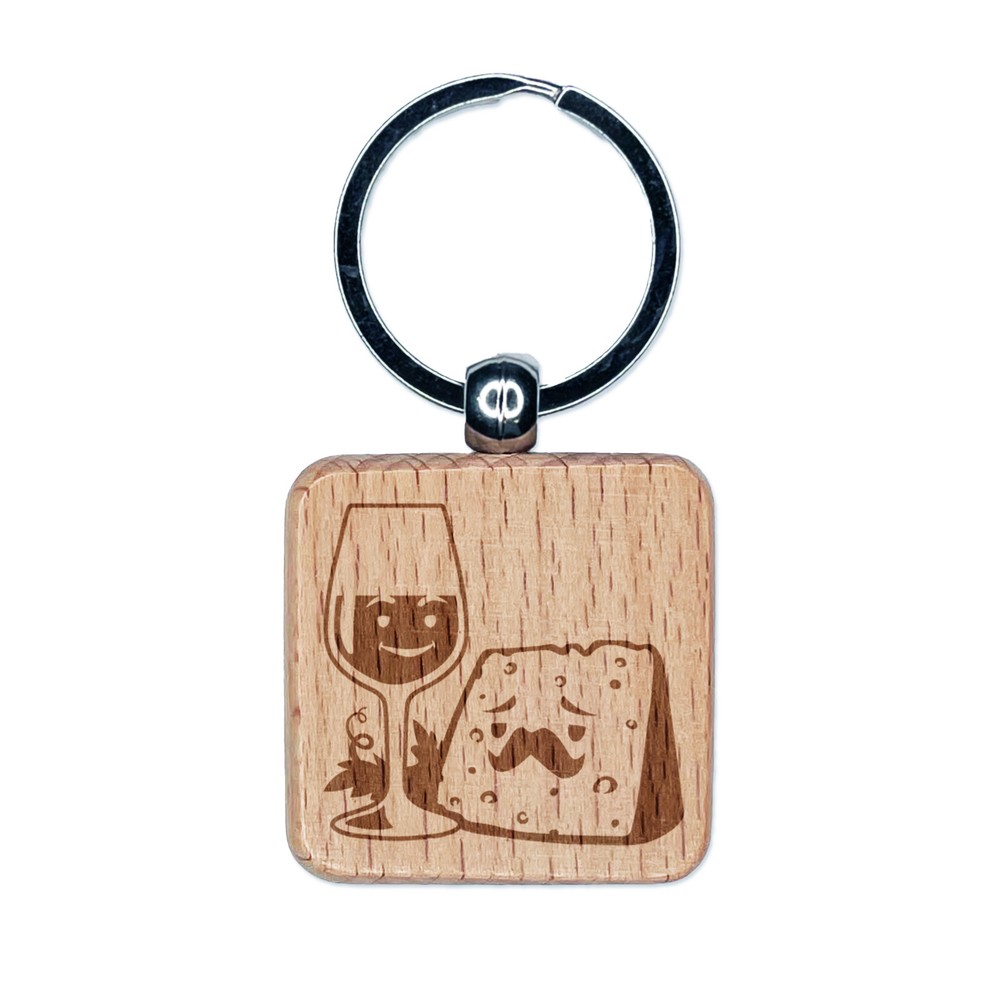 Wine Glass and Cheese Perfect Pair Engraved Wood Square Keychain Tag Charm