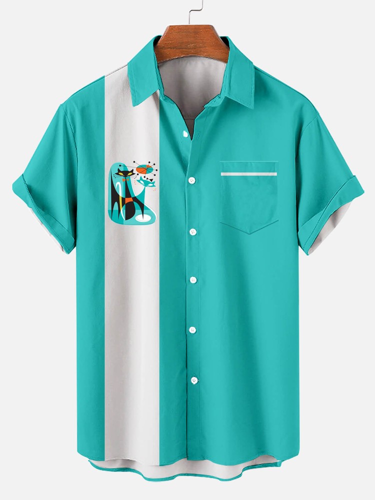 Mens Hawaiian Kitten Color Block Short Sleeve Casual Summer Shirt
