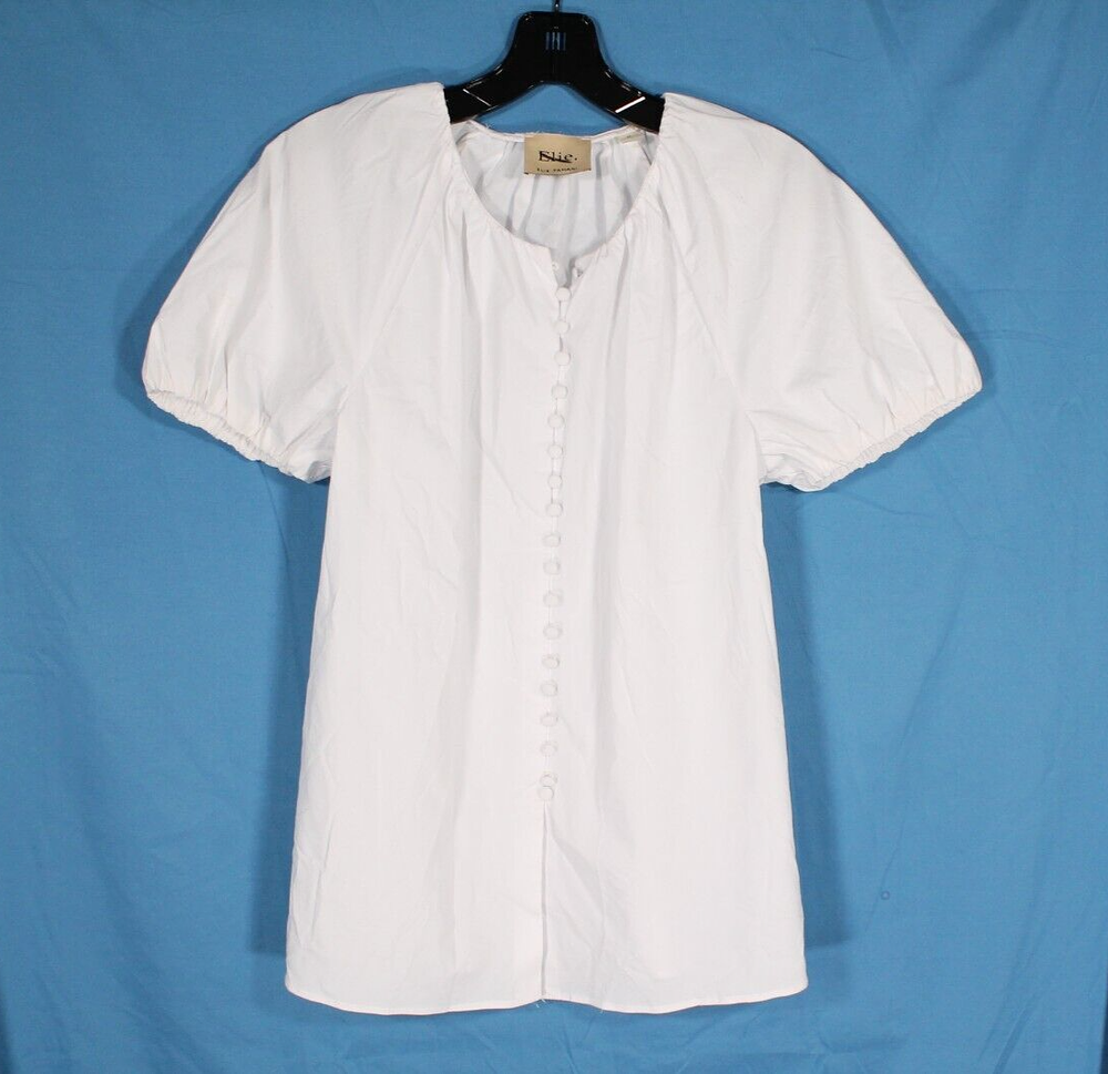 ELIE TAHARI White STRETCH TWILL Button-Up PUFF SLEEVES Zip Side BLOUSE/TOP Sz M