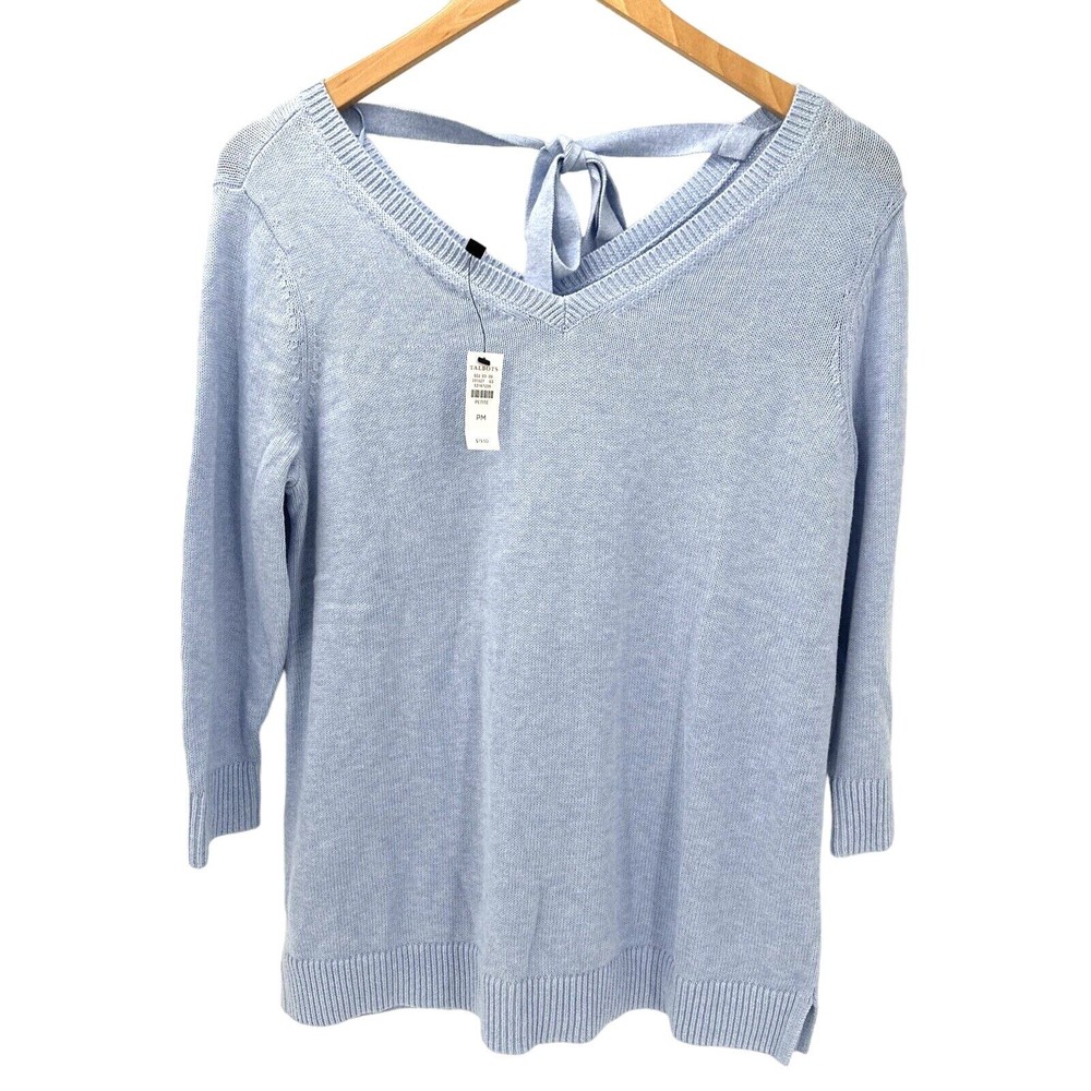 Talbots Sweater Womens Petite Medium Mp Blue Knit V-Neck V-Back Tie Detail NEW