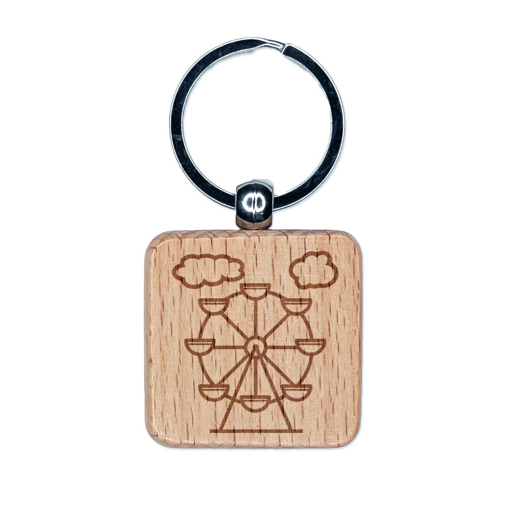 Ferris Wheel Carnival Ride Engraved Wood Square Keychain Tag Charm