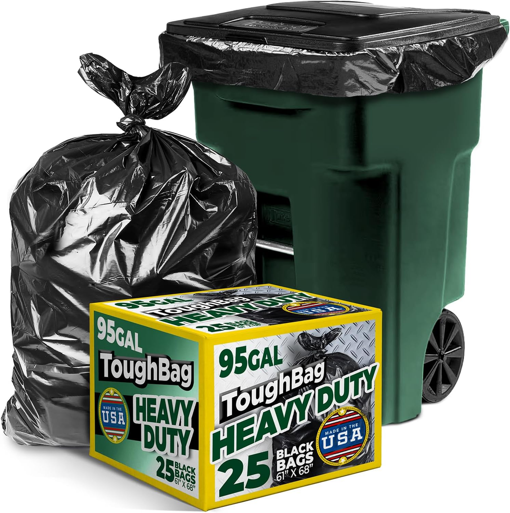 Toughbag 95-96 Gallon Extra Large Trash Bags, 61X68” Black Garbage Can Liners