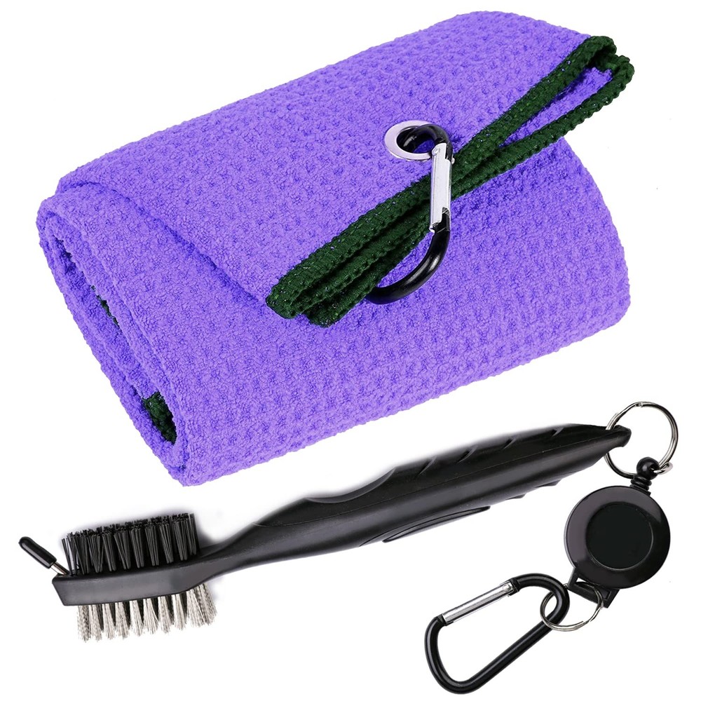 Golf Towel Kit Microfiber Waffle Tri Fold Purple Towel Black Brush for Golf