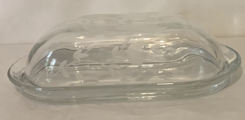 Floral Etched Glass Butter Dish with Clear Lid  