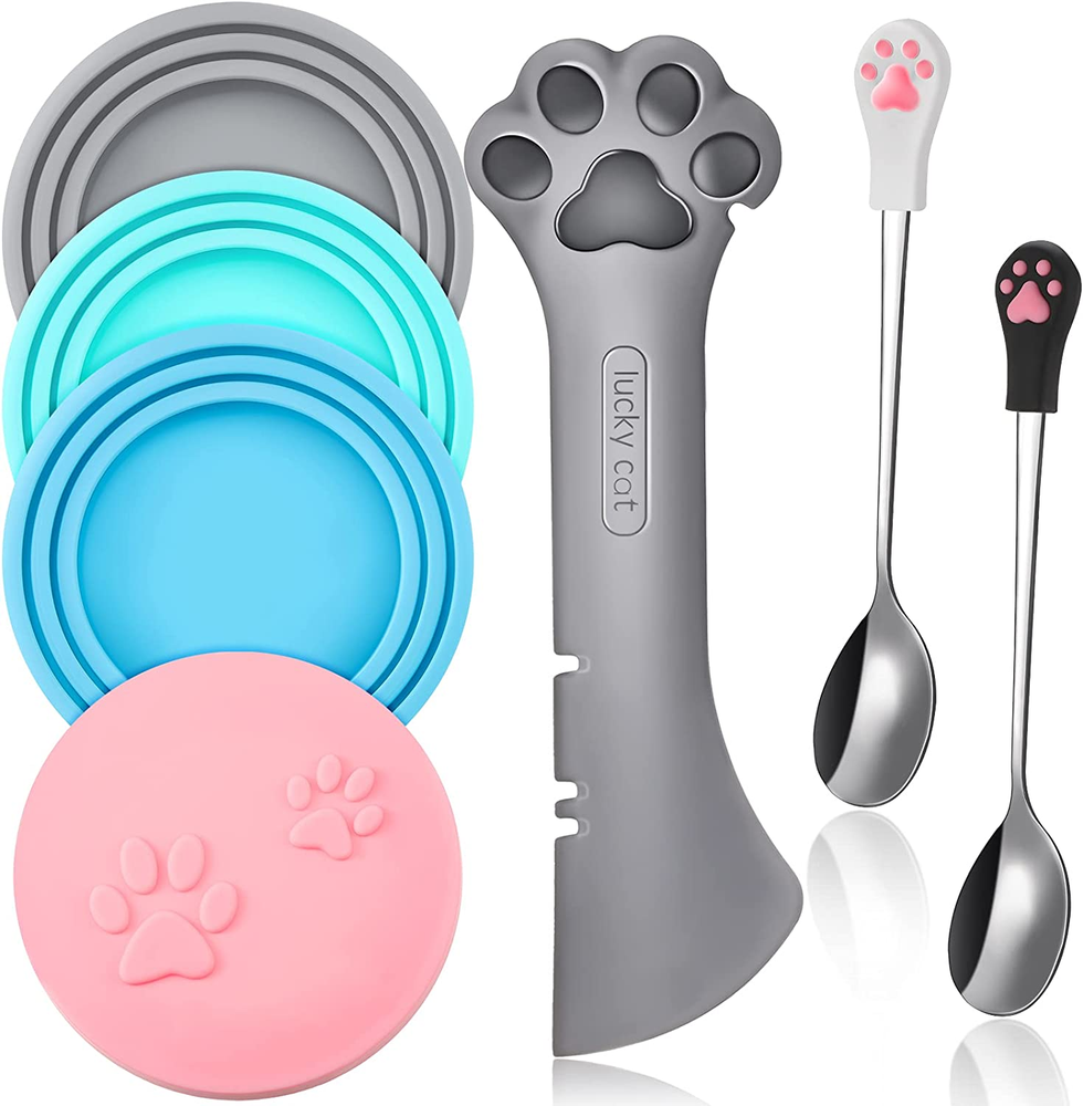 7 Pieces Pet Food Can Supplies Set Include 4 Pieces Silicone Pet Can Covers Cat