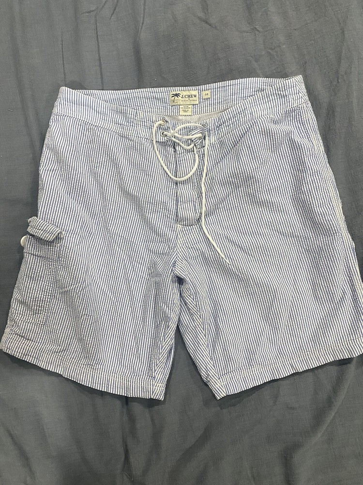 J Crew Blue Seersucker Stripe Long Board Short Swim Trunks Lined 32