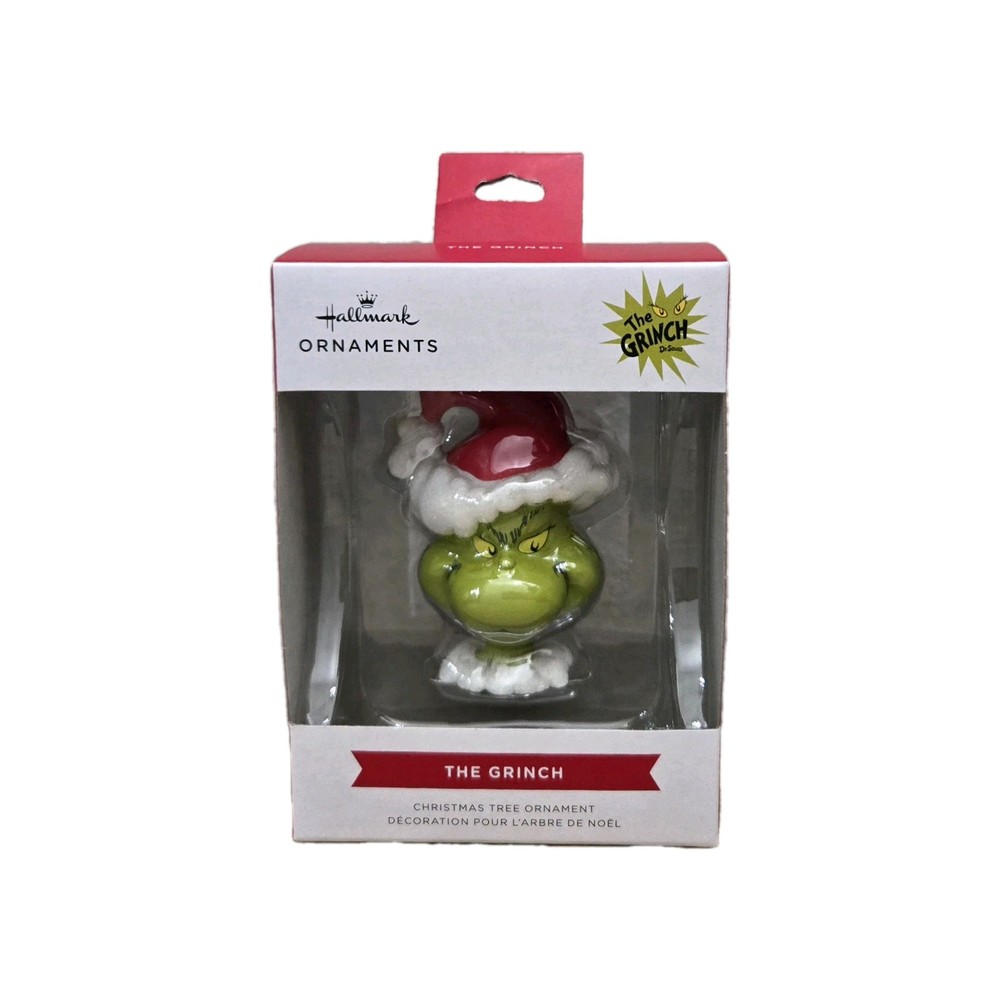 Dr Seuss The Grinch Head in Santa Hat Glitter Accents Hallmark Ornament