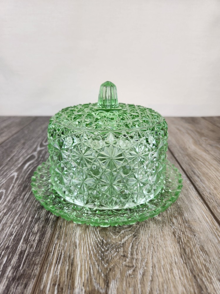Lime Green Vaseline Glass Daisy Button Butter Dish Glows Under UV Light